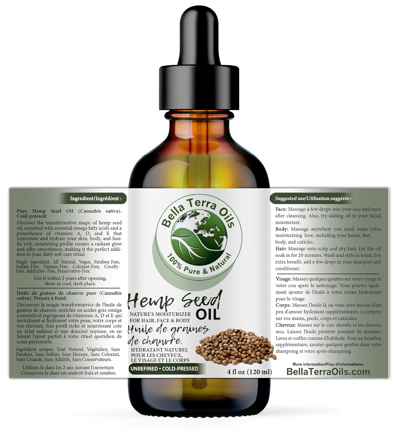 Bella Terra Oils - Hemp Seed Oil 4 oz - Cold-Pressed & Nutrient-Rich, Infused with Phytosterols, Potassium & Calcium for Skin & Hair Care