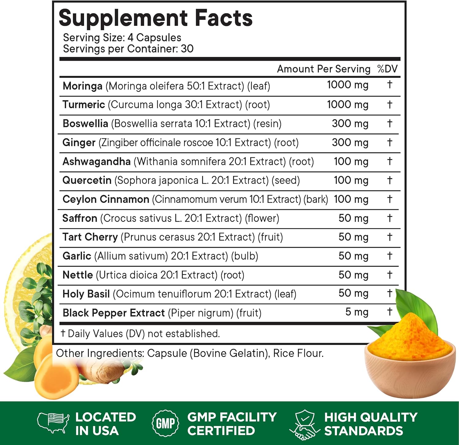 Moringa Supplement | Turmeric, Ginger, Boswellia, Saffron, Holy Basil, Nettle -Support Supplement for Women and Men with Ceylon Cinnamon, Quercetin, Tart Cherry- 240 Capsules