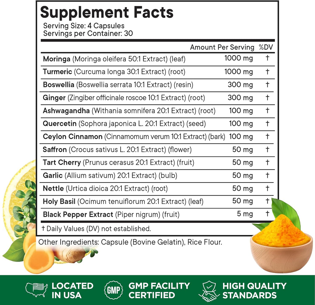 Moringa Supplement | Turmeric, Ginger, Boswellia, Saffron, Holy Basil, Nettle -Support Supplement for Women and Men with Ceylon Cinnamon, Quercetin, Tart Cherry- 120 Capsules