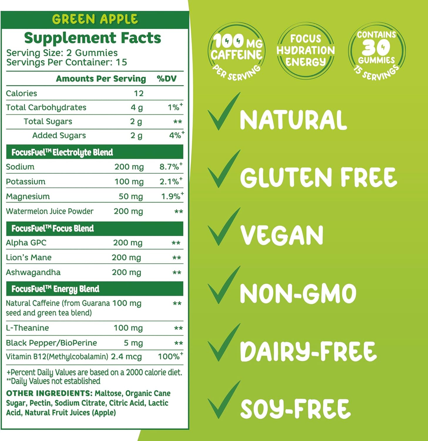 Energy Chews – Green Apple Flavor (15 Servings) – 100mg Caffeine + B12, Magnesium, Alpha GPC – Boost Focus & Energy – No Crash or Jitters