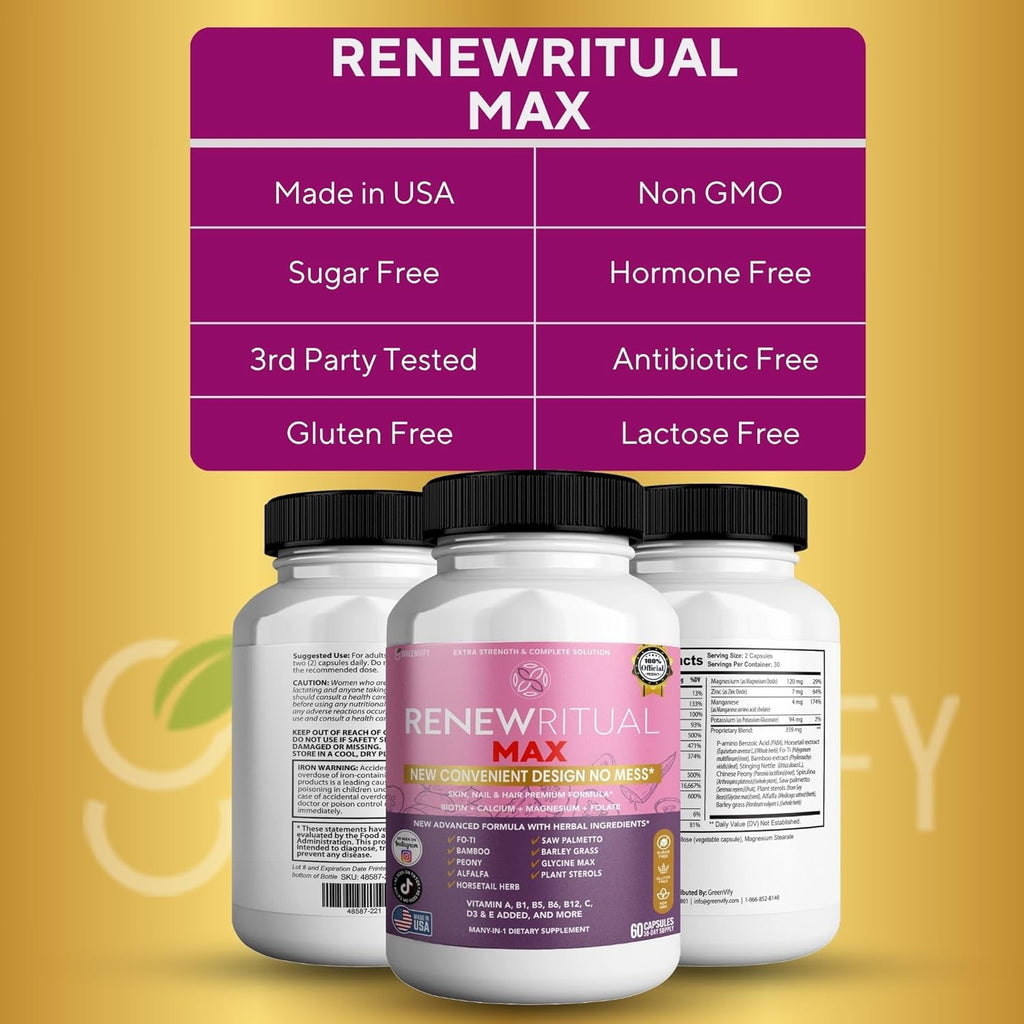 Renew Ritual Max, Hair Skin Nails Supplement, 60 Capsules, Vitamins A B C D E with Biotin (2)