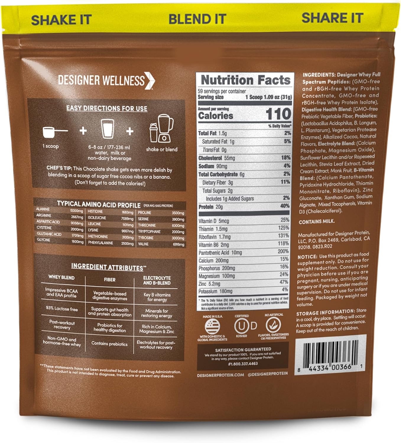 Designer Wellness, Designer Whey, Natural Whey Protein Powder with Probiotics, Fiber, and Key B-Vitamins for Energy, Gluten-Free, Gourmet Chocolate 4 lb