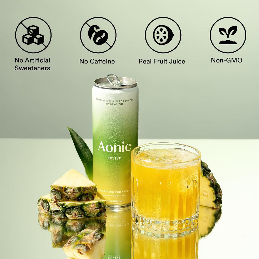Aonic Revive Sparkling Pineapple – Magnesium + Potassium Electrolyte Hydration Drink, Delicious Taste, Real Fruit Juice, 12oz (12 Pack)