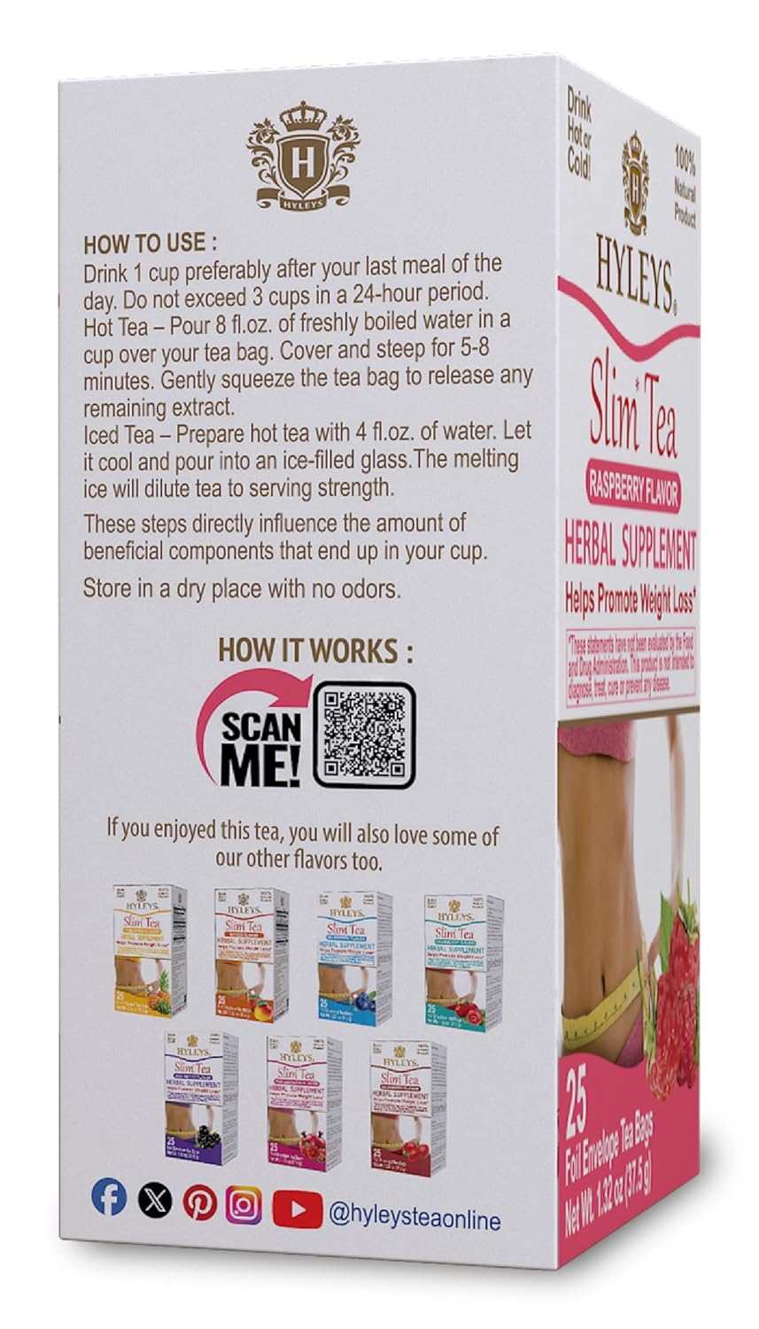 Hyleys Slim Tea Raspberry Flavor - Weight Loss Herbal Supplement Cleanse and Detox - 25 Tea Bags (1 Pack)