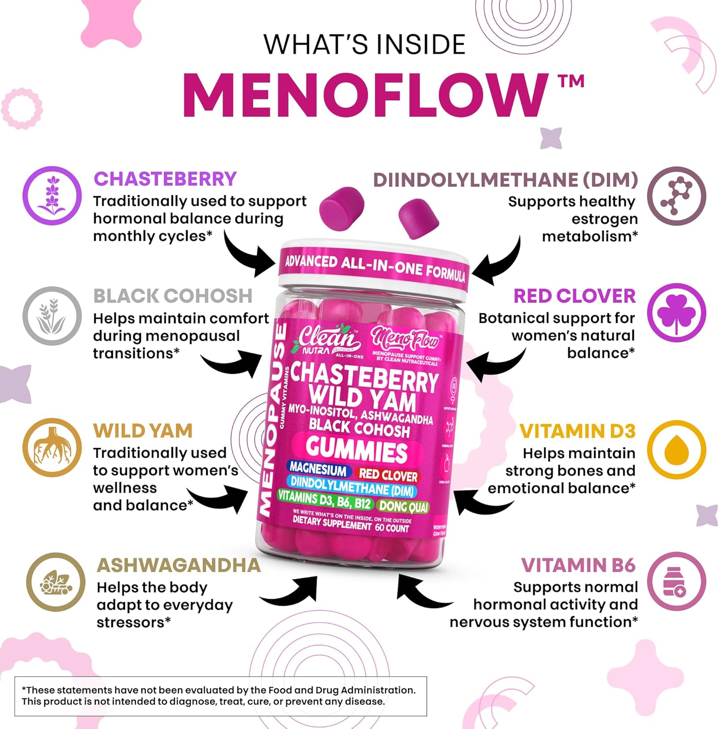 Clean Nutra Chasteberry Wild Yam Menopause Gummies Inositol Black Cohosh Magnesium Red Clover DIM Supplement B6 Magnesium Glycinate Glycine Vitex Hormone Balance for Women Gummy Vitamins 60 Count