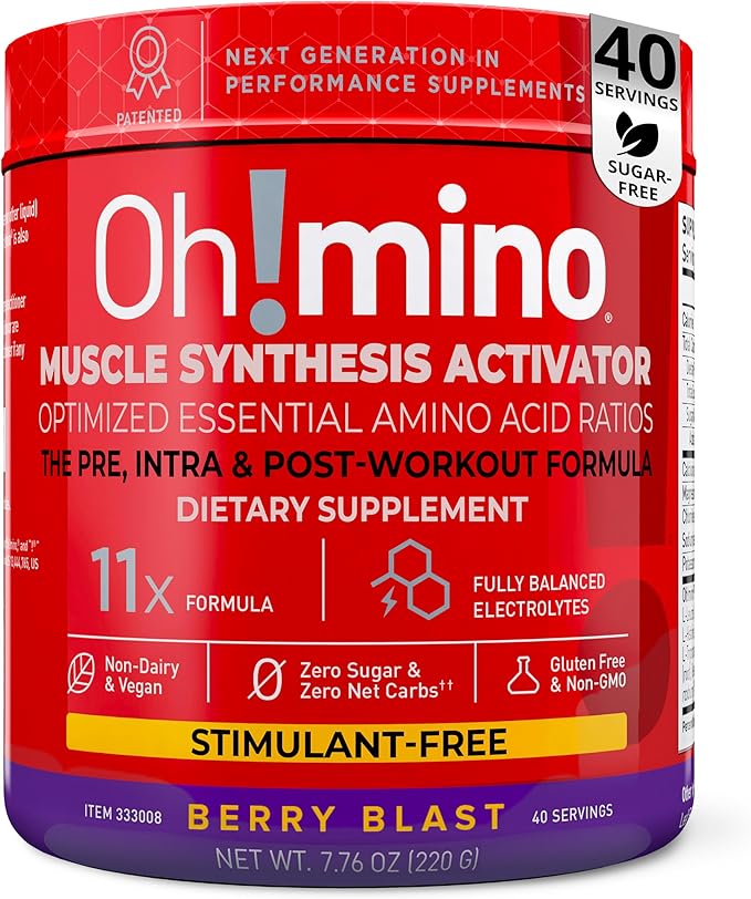 Oh!mino Essential Amino Acids Supplement, Berry Blast, Stimulant-Free Powder, All 9 EAAs, BCAAs and The Perfect Amino for Workouts, Amino Energy, and to Build Muscle, and Recover Faster