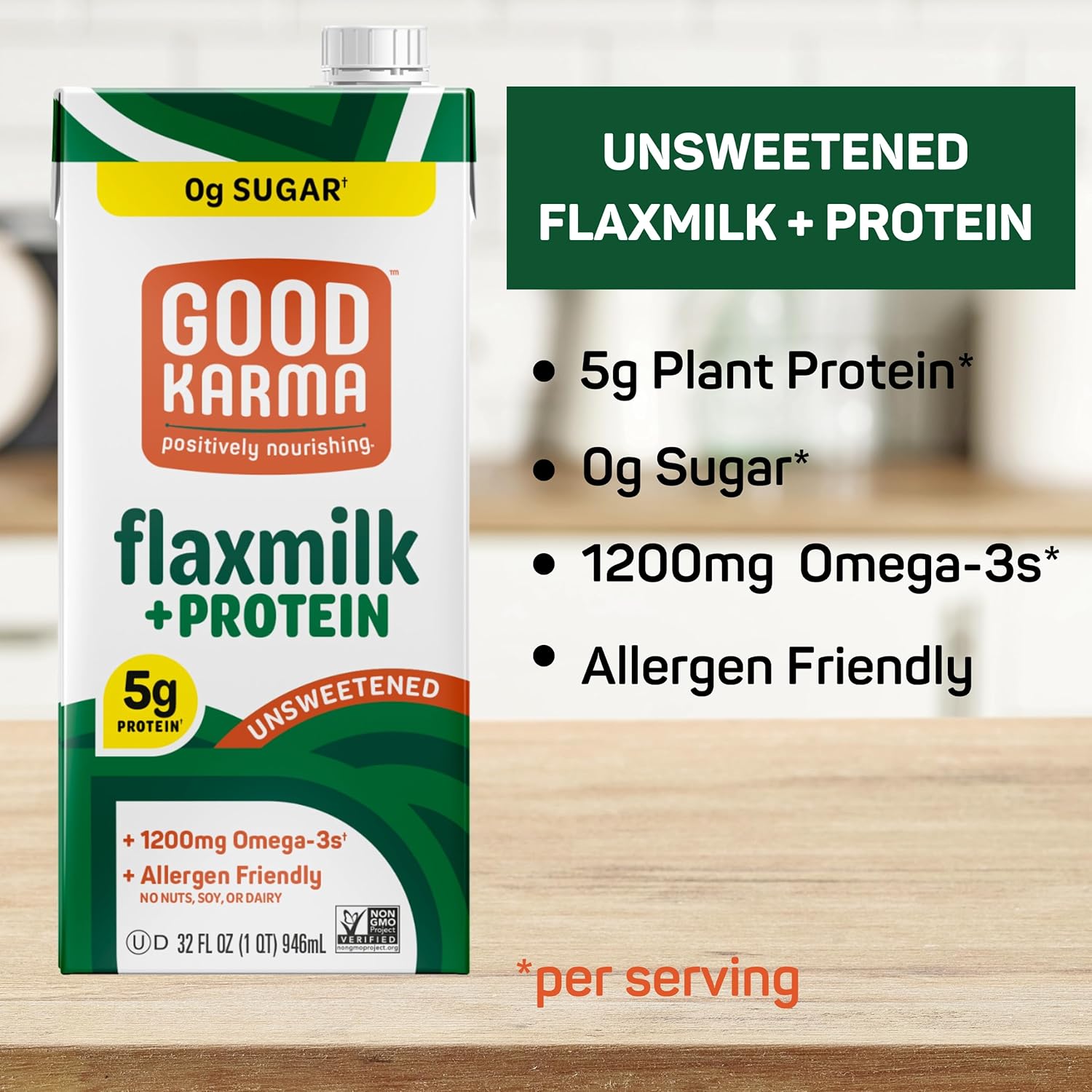 Good Karma Unsweetened Flaxmilk +Protein, 32 Ounce (Pack of 6), 5g Plant Protein + 1200mg Omega-3 Per Serving, Plant-Based Non-Dairy Milk Alternative, Lactose Free, Nut Free, Vegan, Shelf Stable