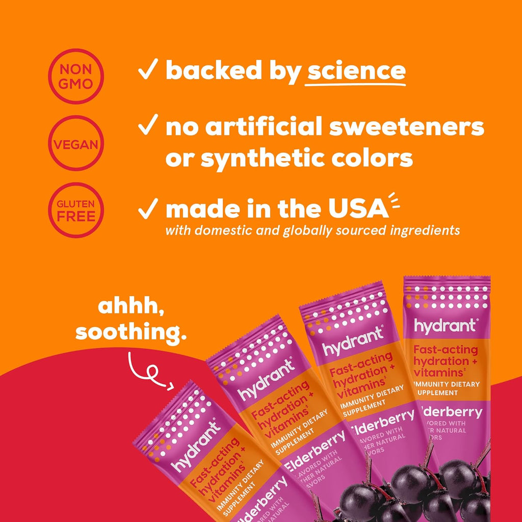 Hydrant - Immunity Electrolyte Powder, Elderberry Flavor, 30 Instant Rehydration Stick Packs - Electroyte Blend with Vitamin C, Vitamin D, and Zinc for Immune Support