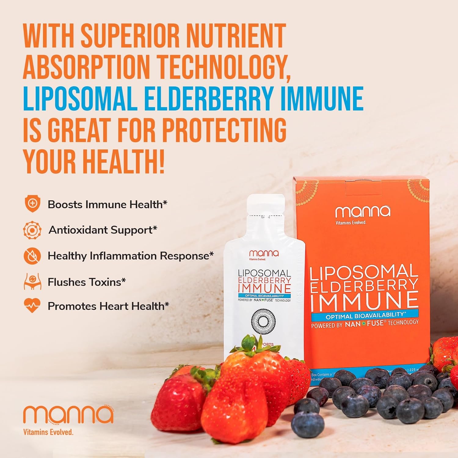 Manna Vitamins Evolved Liposomal Elderberry Immune Packets – Vitamins C, D, Zinc etc. - Daily Immune Support for Adults, Kids - Sugar Free, Real Elderberry Extract, Syrup, Travel-Friendly, 30 Pack