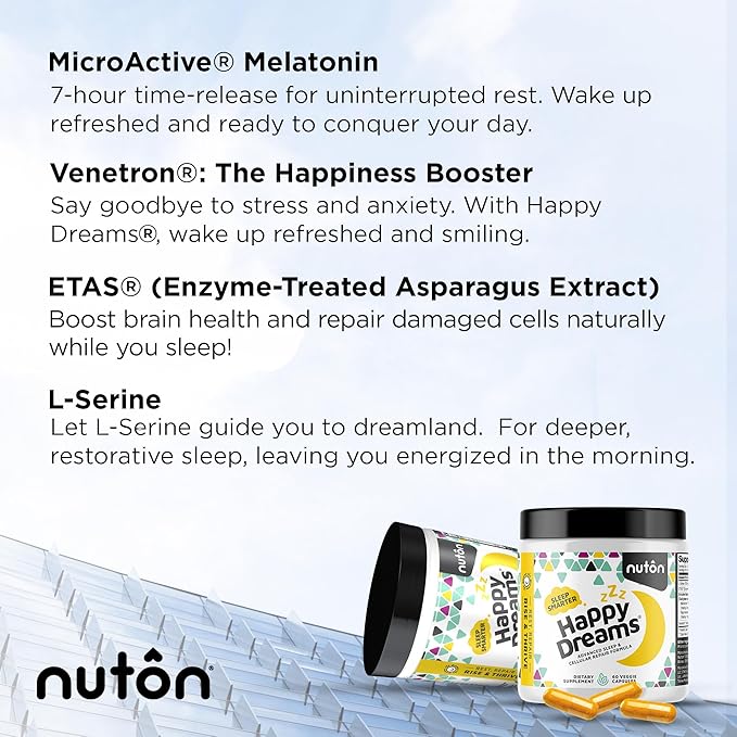 Nuton Happy Dreams Natural Sleep Aid Supplement & Cellular Vitality - Melatonin Sleep Aid for Adults, Time Release Formula with ETAS Asparagus, L-Serine and Venetron Extract, 60 Veggie Capsules