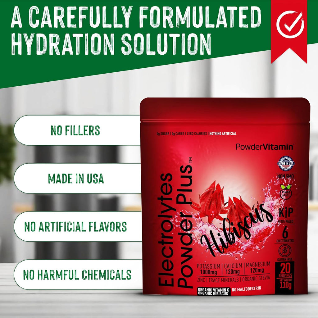 PowderVitamin Electrolytes Powder Plus (20 Servings) Hibiscus Electrolyte Powder, No Maltodextrin, Keto,Sugar Free,Pink Himalayan Salt,1000mg Potassium,120mg Calcium,120mg Magnesium,Hydration Powder