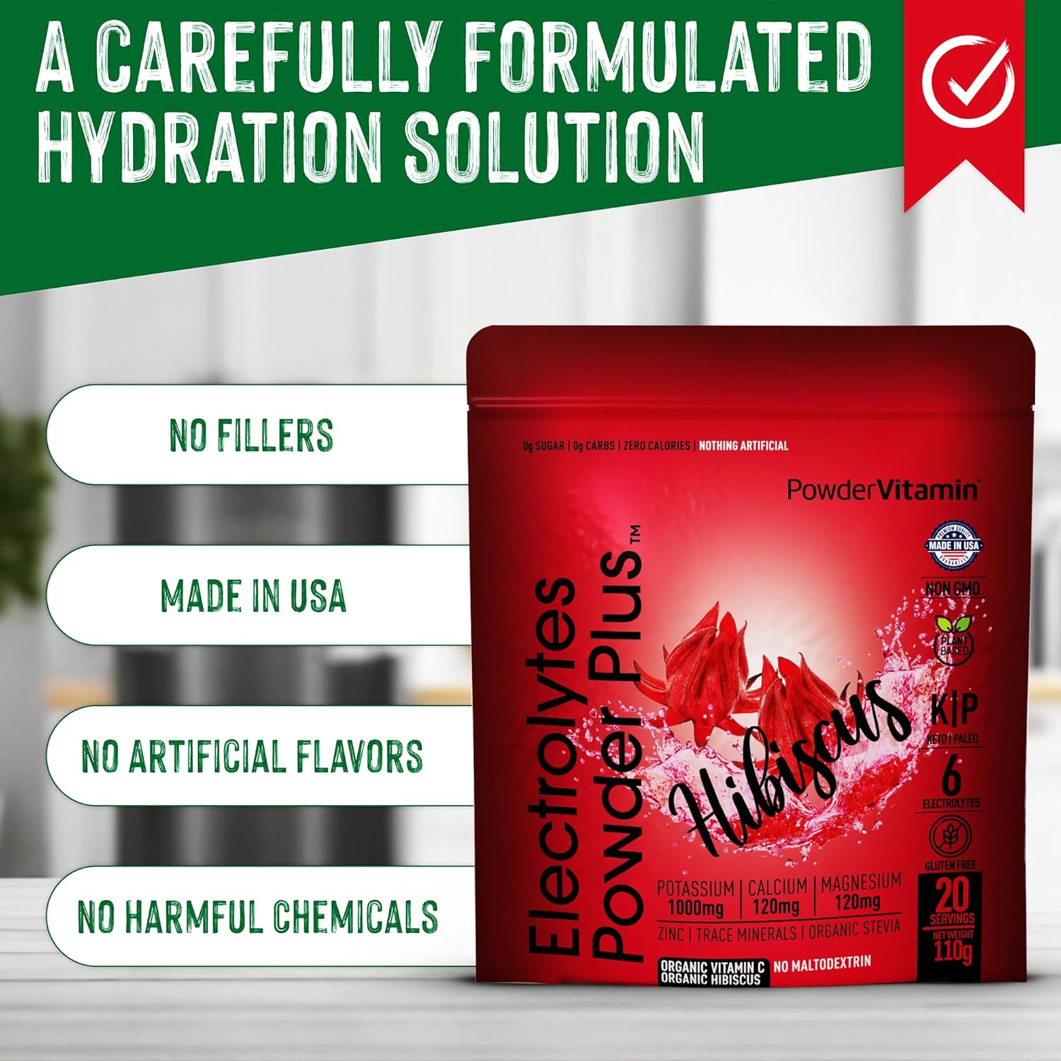 PowderVitamin Electrolytes Powder Plus (20 Servings) Hibiscus Electrolyte Powder, No Maltodextrin, Keto,Sugar Free,Pink Himalayan Salt,1000mg Potassium,120mg Calcium,120mg Magnesium,Hydration Powder