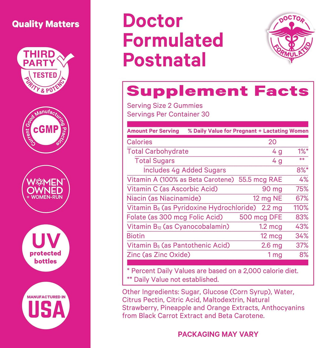 Pink Stork Total Postnatal Vitamin Gummies - Multivitamin for Postpartum Recovery and Lactation Support - Folic Acid, B6, & Vitamin C - Postpartum Essentials - 60 Gummy Vitamins
