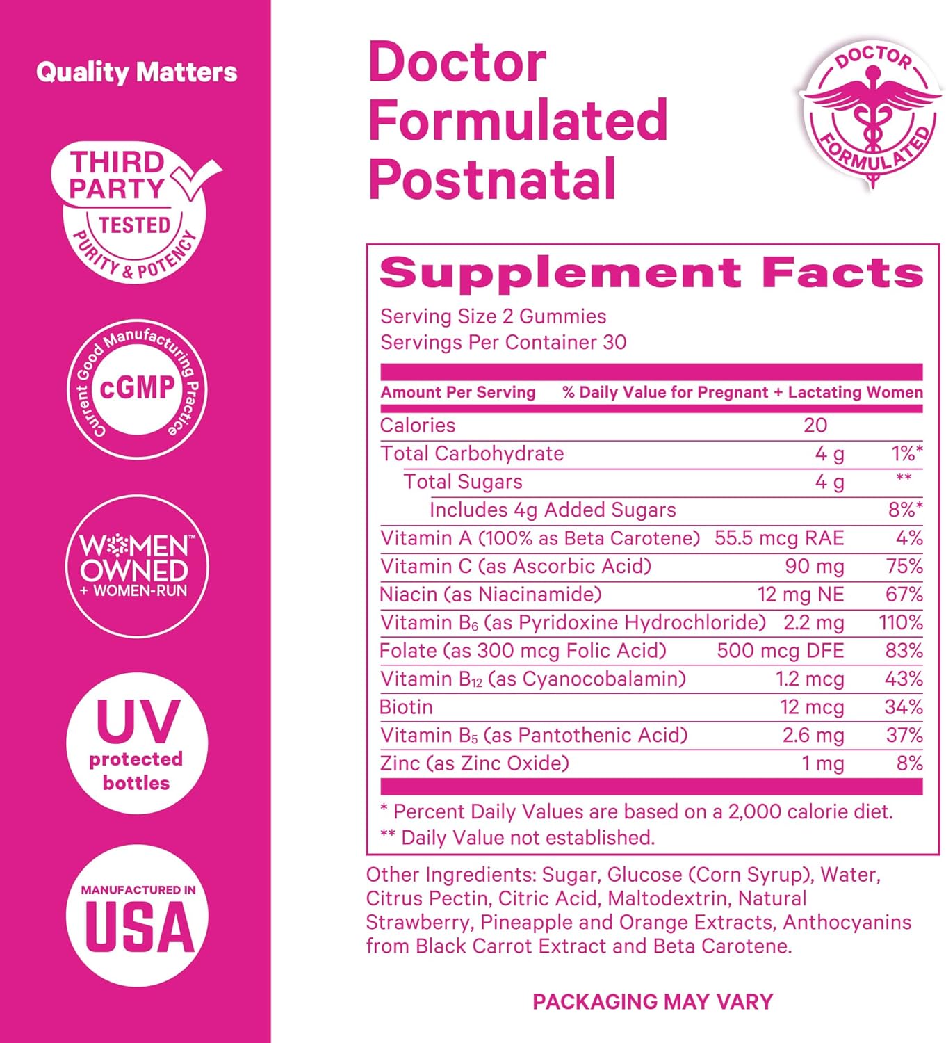 Pink Stork Total Postnatal Vitamin Gummies - Multivitamin for Postpartum Recovery and Lactation Support - Folic Acid, B6, & Vitamin C - Postpartum Essentials - 60 Gummy Vitamins