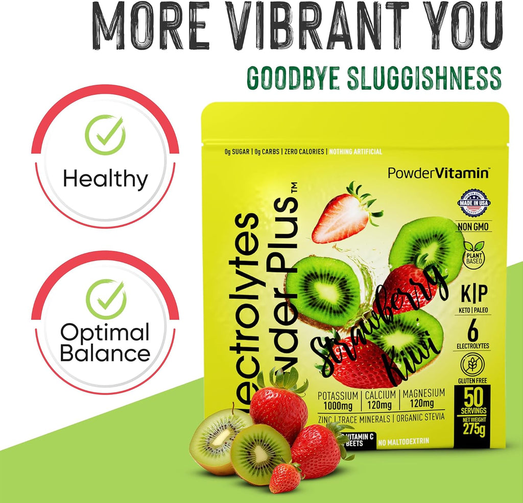 Electrolytes Powder Plus (50 Servings), 0 Calorie Keto, 0 Sugar, No Maltodextrin,1000mg Potassium,120mg Calcium,120mg Magnesium, Hydration Powder (50 Servings, Strawberry Kiwi)