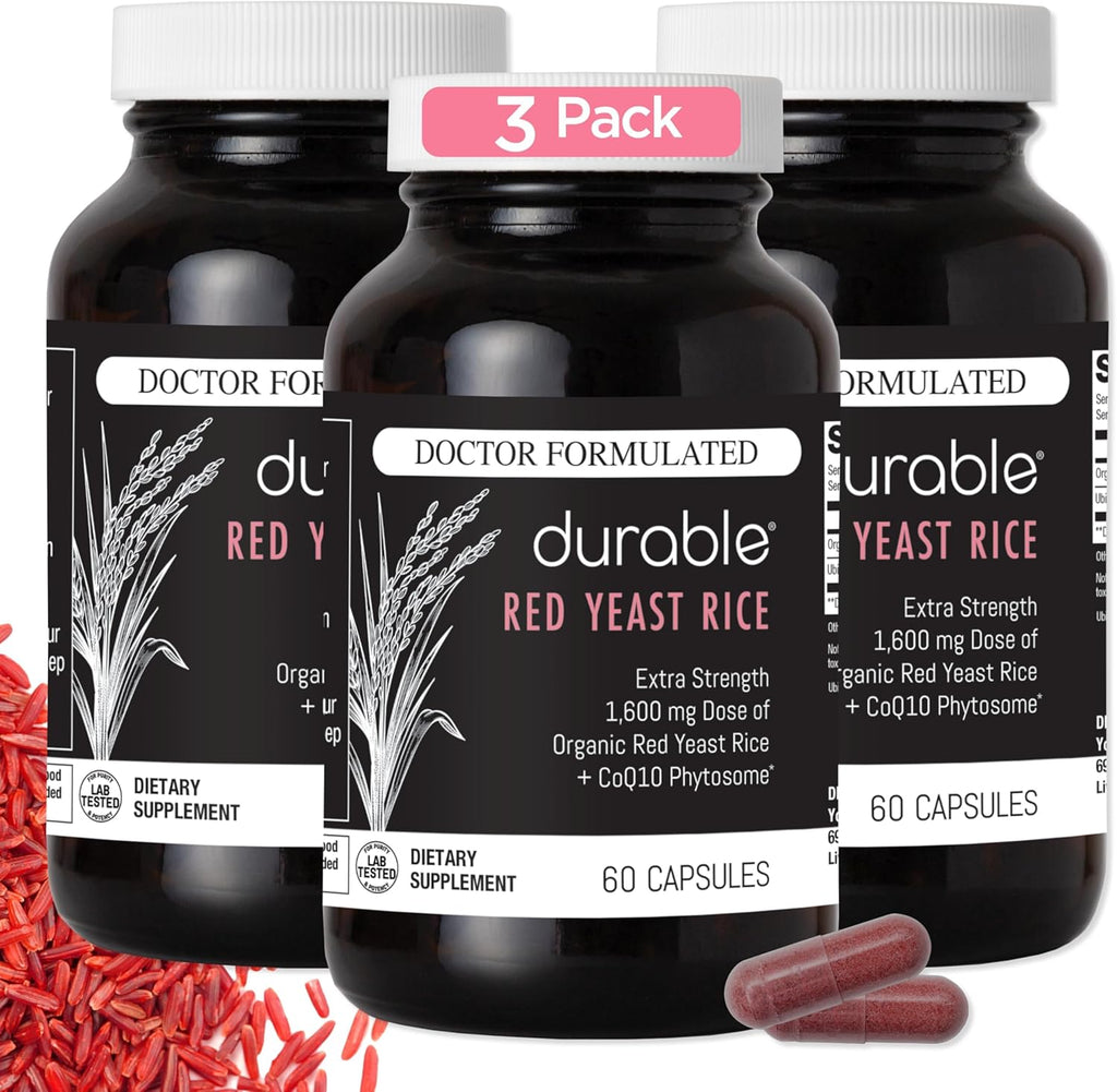 Durable RED Yeast Rice – Organic 1,600 mg Extra Strength + CoQ10 Phytosome – Supports Healthy Cholesterol, Heart, Lipids & Circulation – Doctor Formulated, Non-GMO, Vegan, Made in USA (180 Capsules)