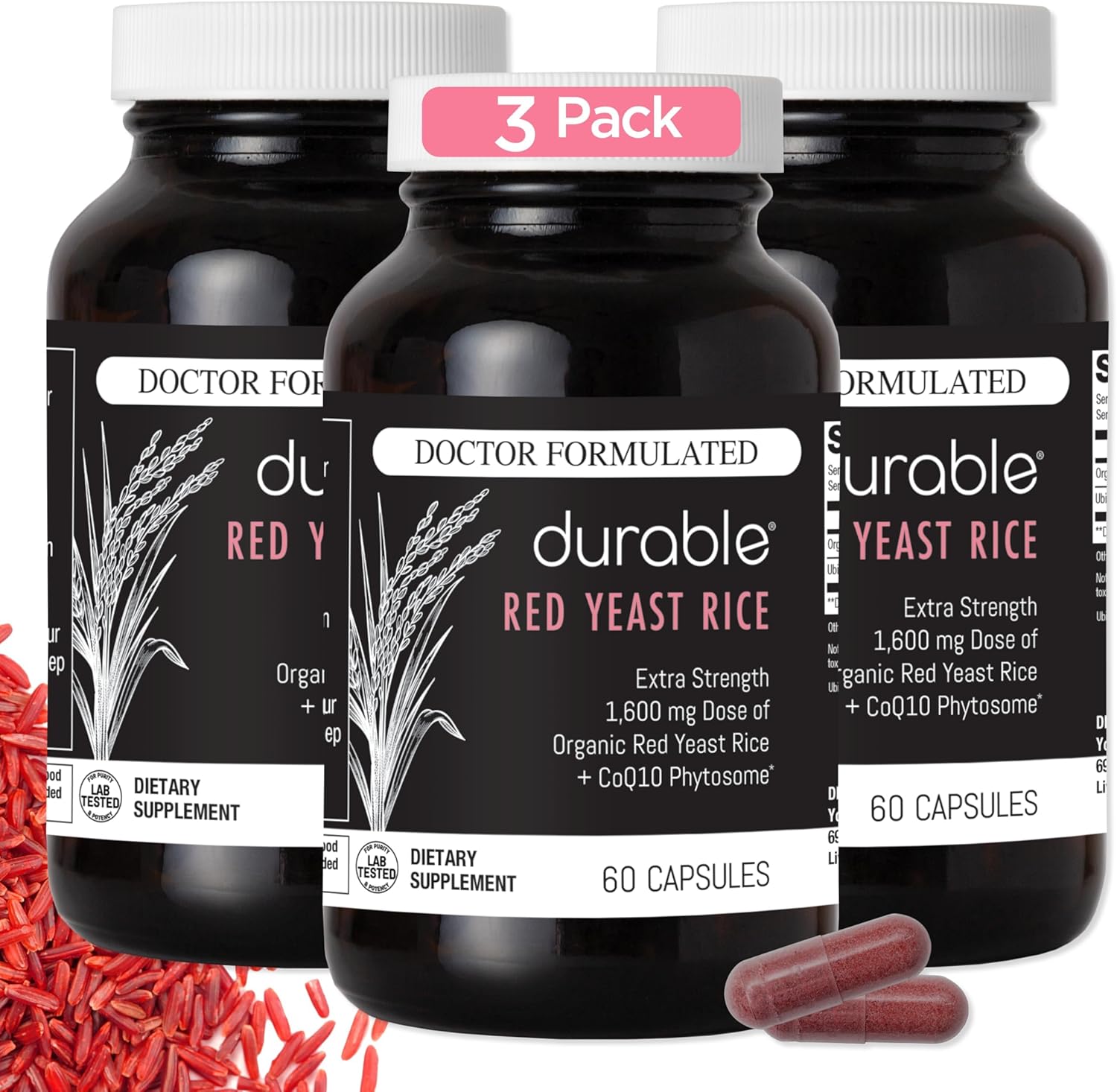 Durable RED Yeast Rice – Organic 1,600 mg Extra Strength + CoQ10 Phytosome – Supports Healthy Cholesterol, Heart, Lipids & Circulation – Doctor Formulated, Non-GMO, Vegan, Made in USA (180 Capsules)