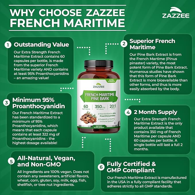 Zazzee Extra Strength French Maritime Pine Bark 20:1 Extract, 350 mg Per Capsule, 60 Vegan Capsules, 95% Proanthocyanidins, Kosher, 2 Month Supply, Standardized 20X Extract, Non-GMO, Made in The USA