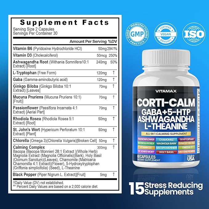 Corti-Calm Cortisol Supplement, L Theanine, Ashwagandha, Vitamin D 3, GABA for Relaxation, Fatigue & Focus with Ginkgo Biloba, Bacopa Monnieri, 5-HTP – Non-GMO, Made in USA – 60ct