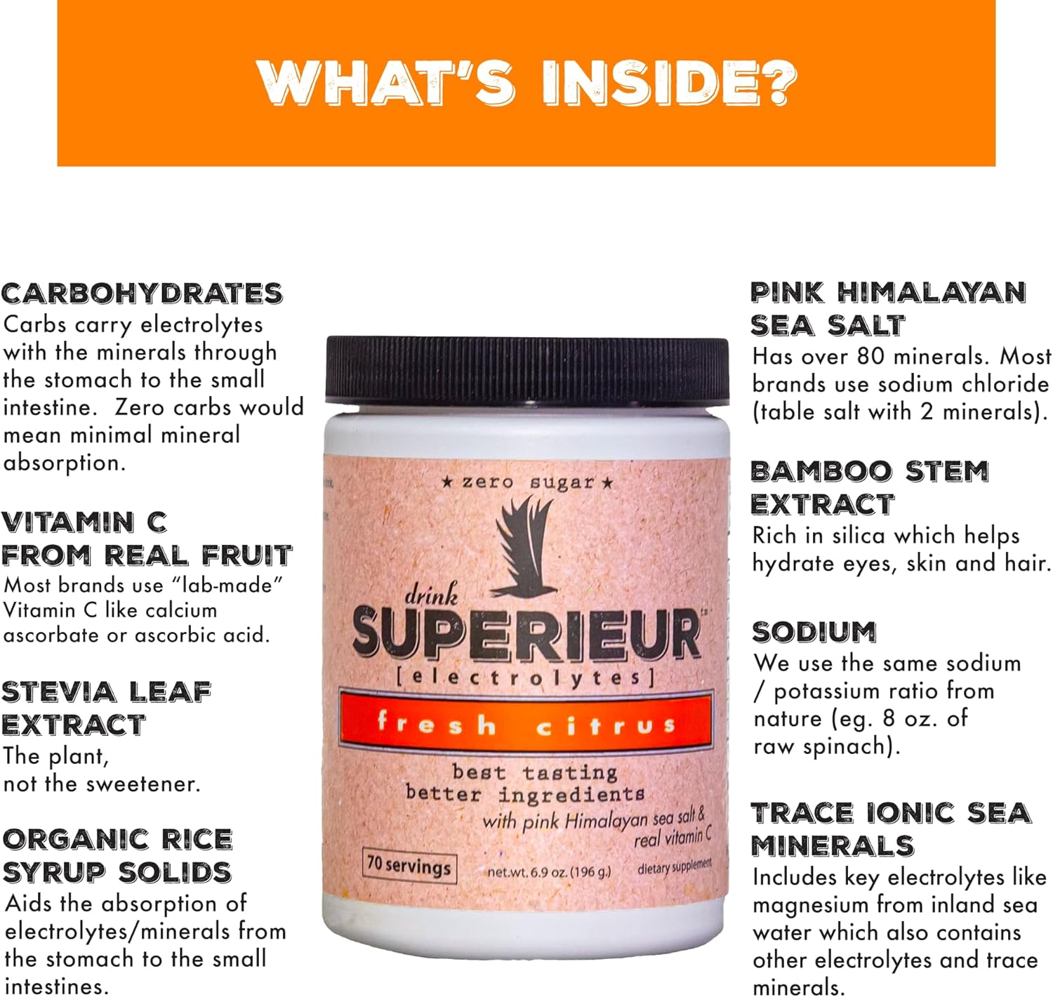 Superieur Electrolytes – Plant Based Electrolyte Supplement w/Sea Minerals for Hydration & Recovery – Keto Friendly, Non-GMO, Zero Sugar, Vegan Healthy Sports Drink Powder – Citrus (70 Servings)