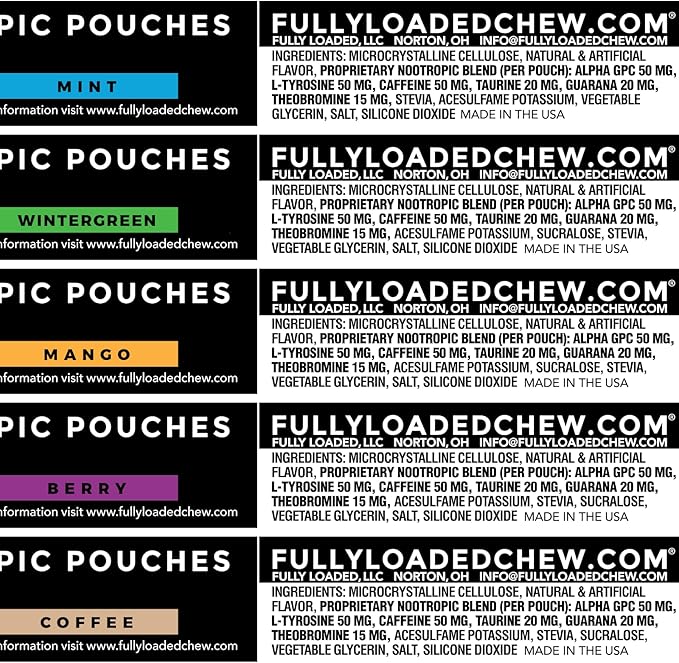 Fully Loaded Alpha Fuel Nootropic Pouches (Variety Fuel) - 5 cans - 15 Pouches per can - Nootropic Energy Pouches with Caffeine, Alpha GPC, Tyrosine, Taurine, Guarana and More