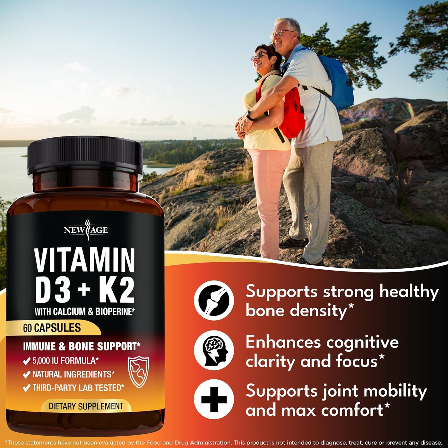 Vitamin D3 5,000 IU + K2 MK-7 100 mcg - 2-in-1 Bone, Immune & Heart Support, Easy to Swallow, Non-GMO - 60 Capsules