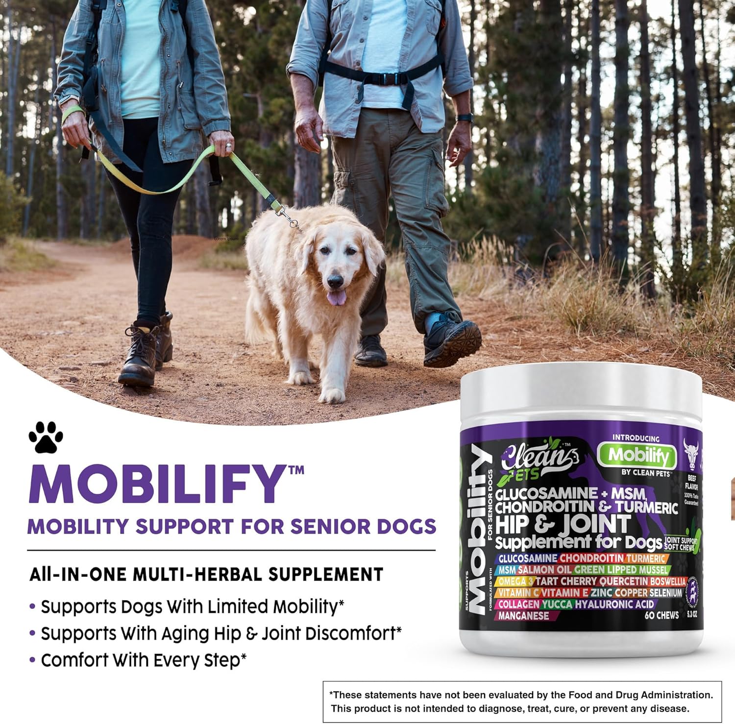 Hip and Joint Supplement Dogs with Glucosamine for Dogs + Chondroitin, Turmeric, Hyaluronic Acid, MSM, Salmon Oil, Collagen, Vitamin C, Omega 3 Senior Dog Supplements Beef Flavor - 1Pack