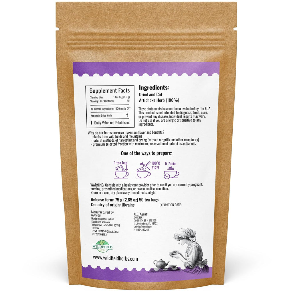 50 Bags Alcachofa Artichoke Leaf Dried Artichokes Blend Herb Tea (Cynara Cardunculus) - 50 Count 2g Tea Bags Herbal Hojas De Alcachofa Seca