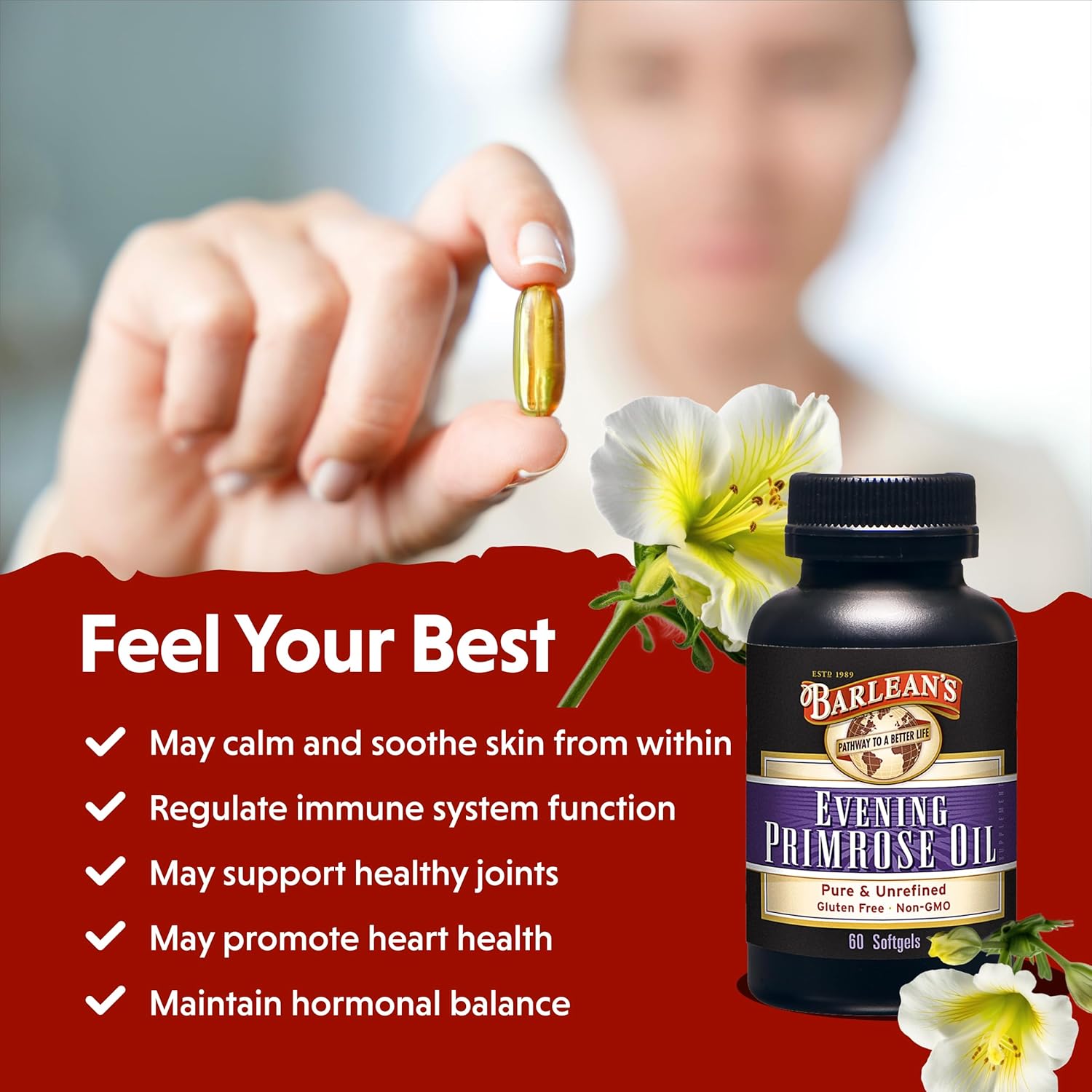 Barlean's Evening Primrose Oil Softgels with Gamma-Linolenic Acid (GLA) - Non-GMO, Gluten-Free - 60-Softgels
