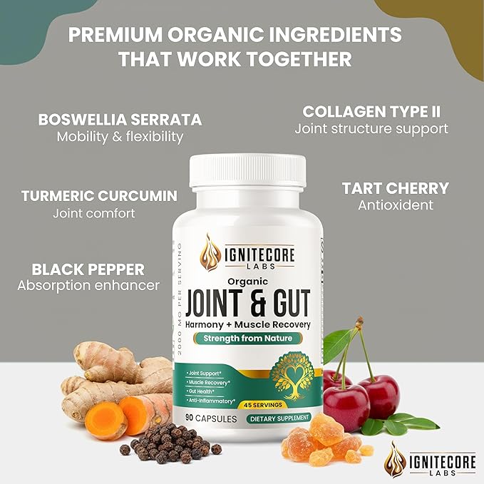 Organic Joint & Gut Harmony – Turmeric, Ginger, Collagen, Magnesium & Probiotics Blend – Plant-Based Daily Supplement – 90 Vegetable Capsules Made for General Well-Being and Everyday Support