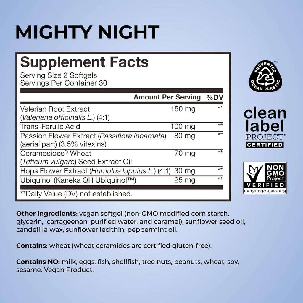 HUM Mighty Night Nighttime Sleep Supplement for Skin Care, CoQ10, Valerian Root & Ferulic Acid to Support Cell Turnover, Skin Vitamins for Women and Men, Overnight Beauty Vitamins, 60 Vegan Softgels
