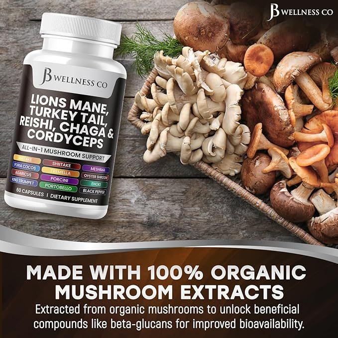 Lions Mane Supplement Cognitive Support, Immune Health with Turkey Tail 20in1 Mushroom Reishi Cordyceps Chaga with Marshmallow Root - 120 Count