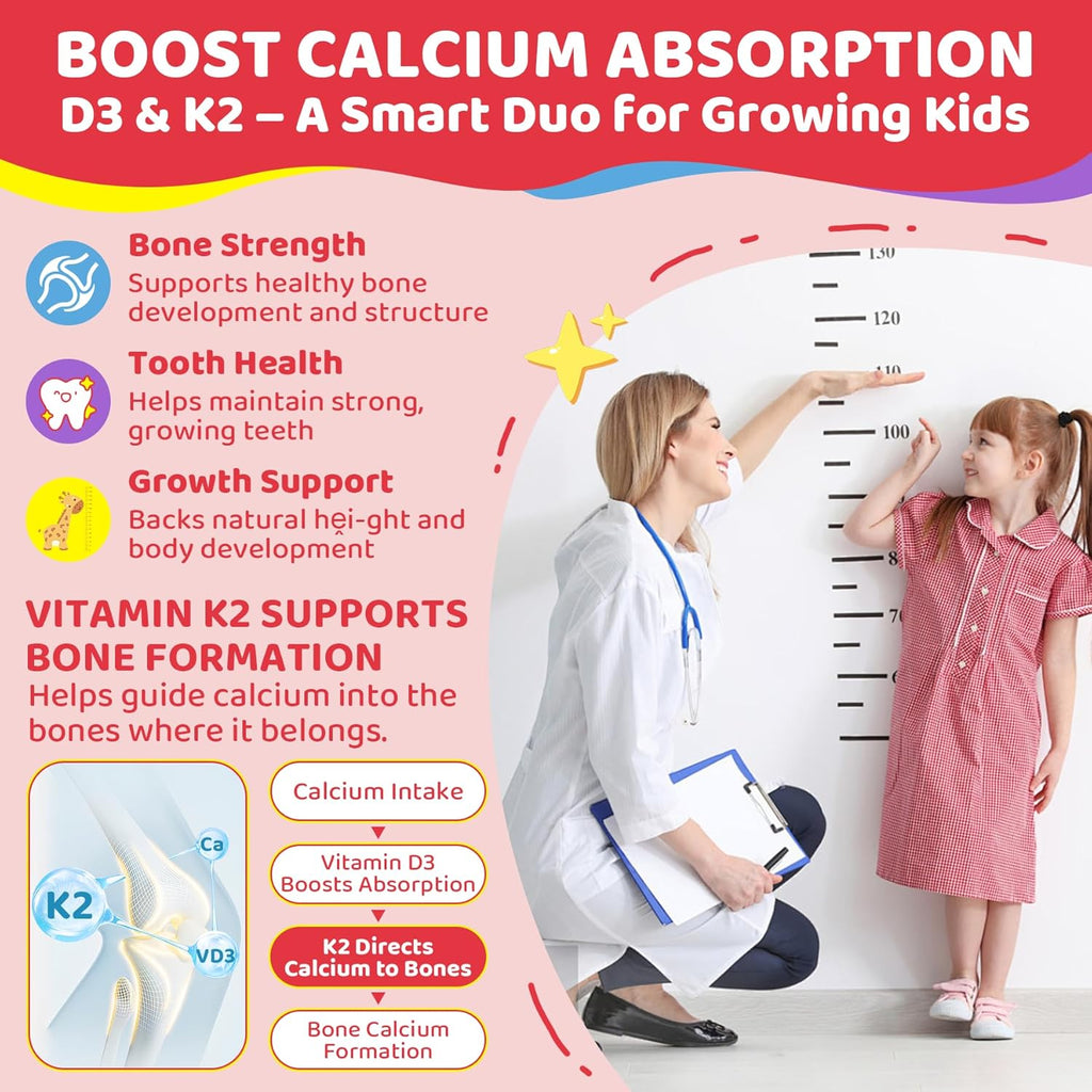 Vitamin D3 K2 + Calcium Liquid-filled Gummies for Kids & Teens, 1000IU/2000IU D3 with Magnesium, Algal Omega 3, Vitamin for Kids for Bones & Teeth, Calcium Absorption, Brain, Immunity,Sugar-Free,60Cts