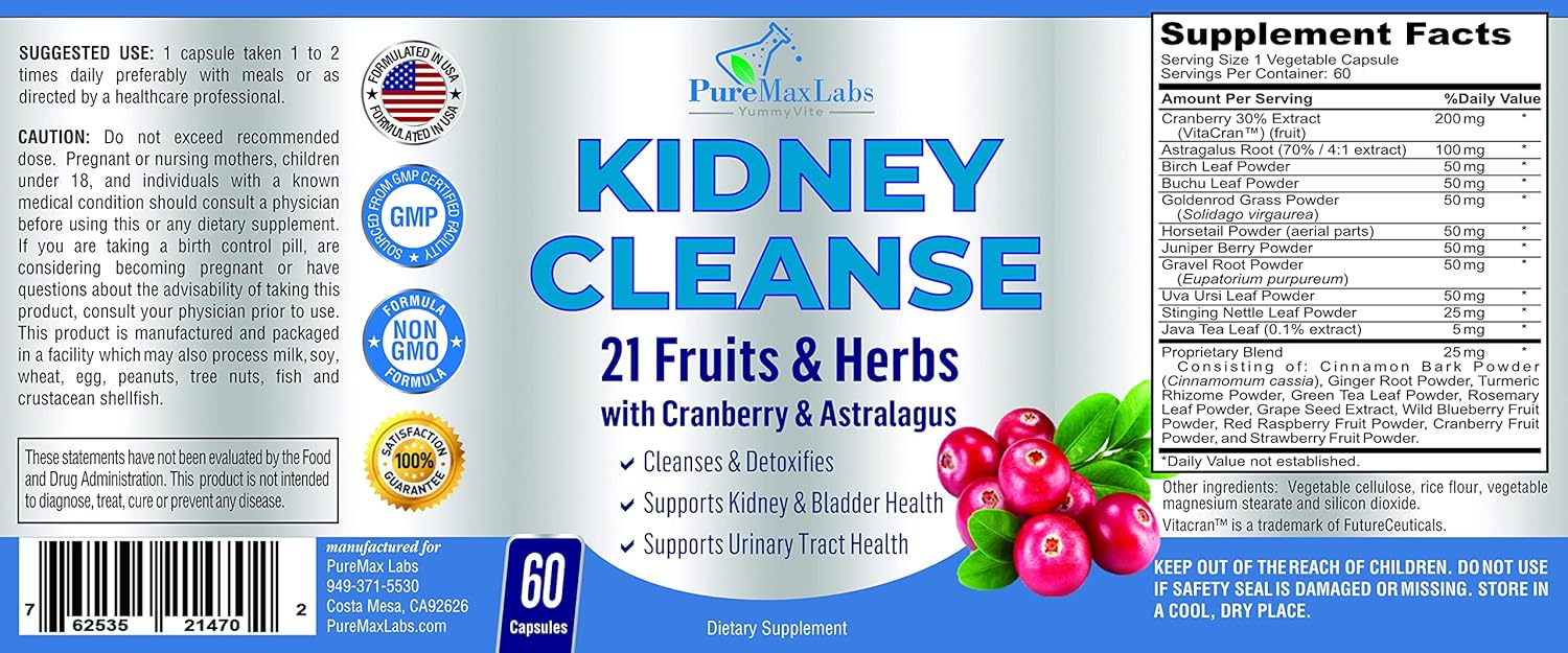 Herbal Kidney Cleanse with Cranberry Extract, Astralagus - 21 Fruits & Herbs - Detox & Cleanse Urinary Tract & Bladder Health, Kidney Support, 60 Vegan Capsules