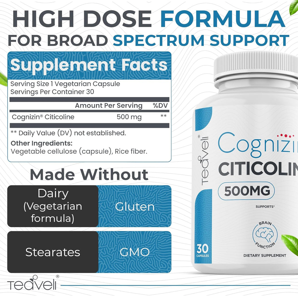 Cognizin Citicoline- 500mg CDP Choline Capsules- Clinically Studied Brain Supplement to Support Clarity, Concentration and Memory – Most Bioavailable Form of Choline Supplements - 30 Servings
