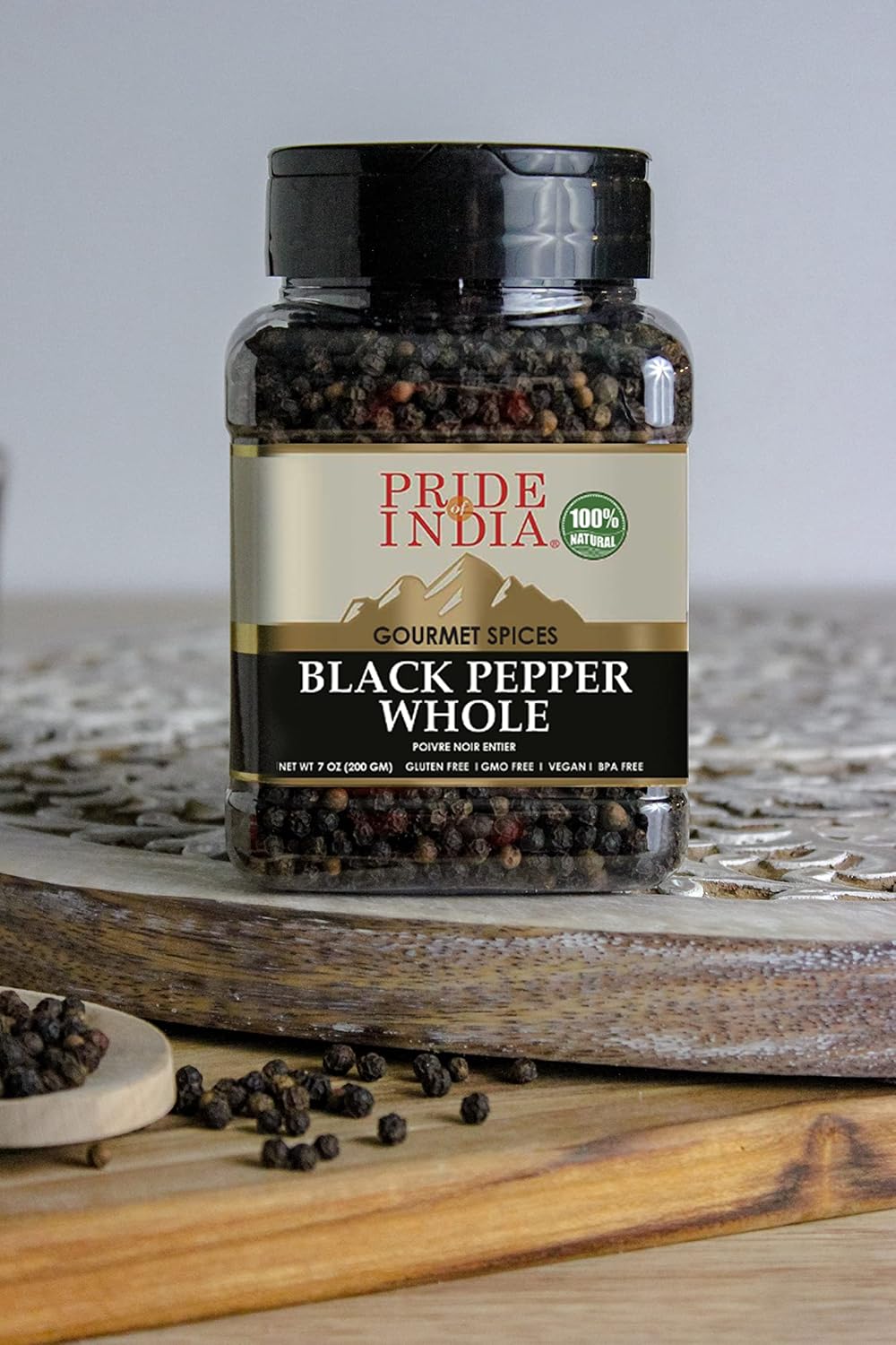 Pride of India - PACK of 6 - Black Peppercorn Whole – Gourmet & Culinary Spice – Full Bodied, Dried & Flavorful – Preservatives & Gluten Free – 7 oz. Medium Dual Sifter Jar