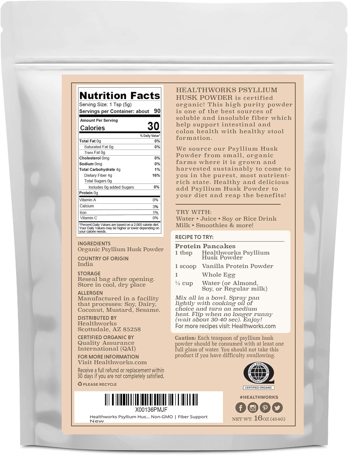 Healthworks Psyllium Husk Powder Organic -16 Oz / 1 Lb - Raw - Certified Organic - Finely Ground Powder from India - Keto, Vegan & Non-GMO - Fiber Support