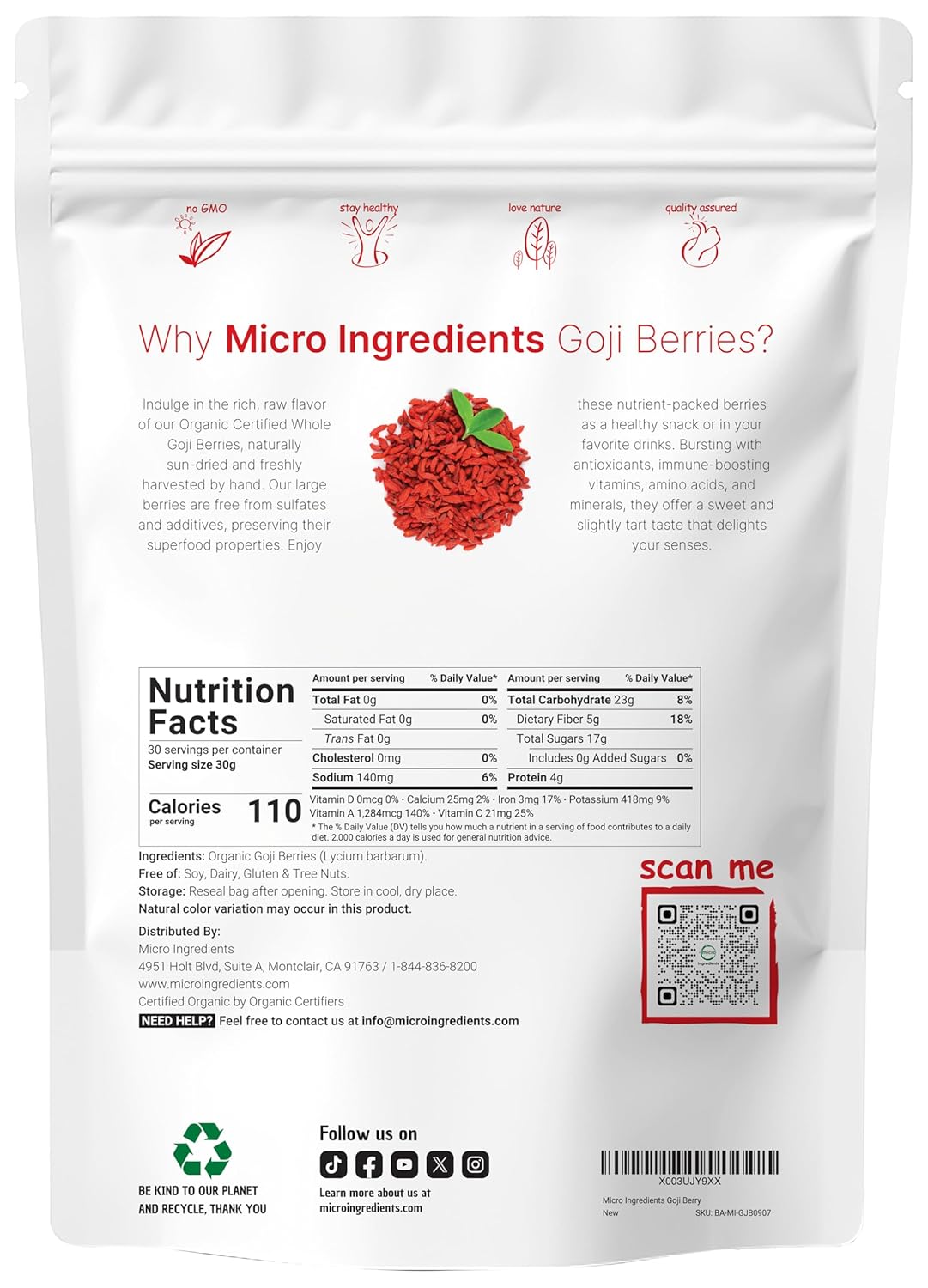 Organic Goji Berries, 32 Ounces | 100% Natural Sun-Dried Whole Fruit | Sulfate & Additive Free | Large Berry Form, Great Flavor for Drinks, Snacks, & Beverages | Non-GMO & Vegan