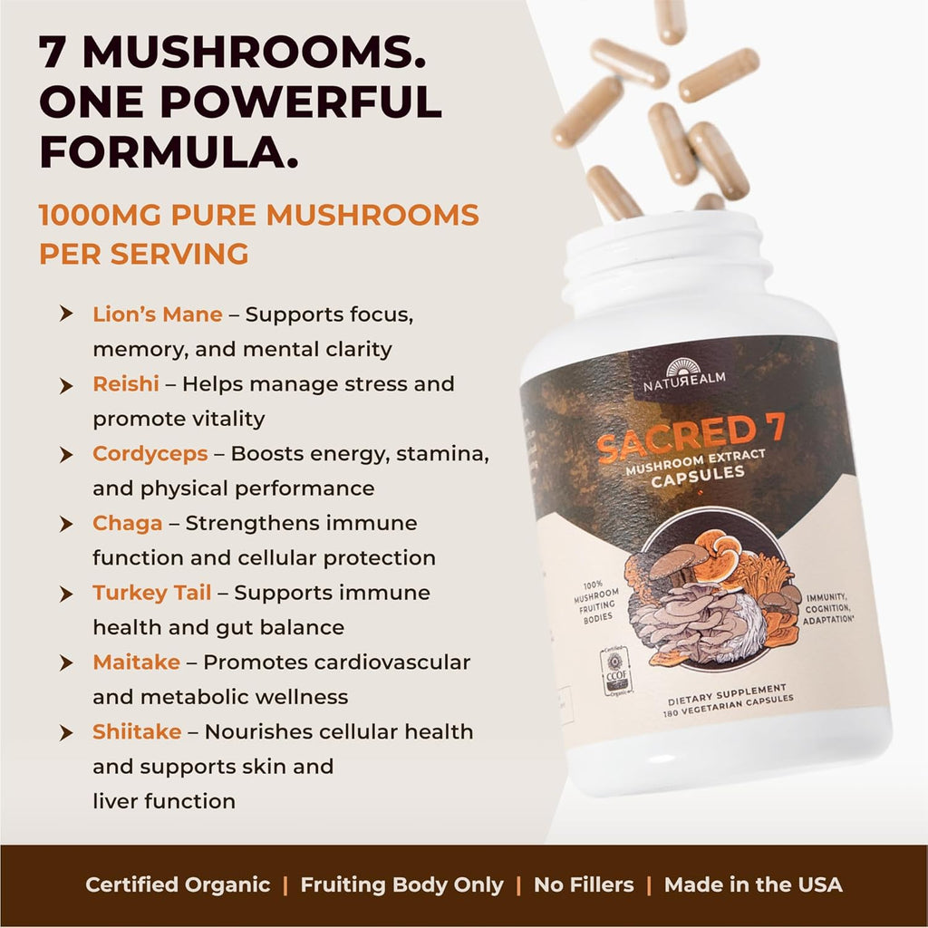 Naturealm Sacred 7 Organic Mushroom Extract Capsules - Premium 7 Mushroom Supplement with Lions Mane, Reishi, Chaga - USDA Organic Immune Support & Focus - 90 Vegetarian Capsules