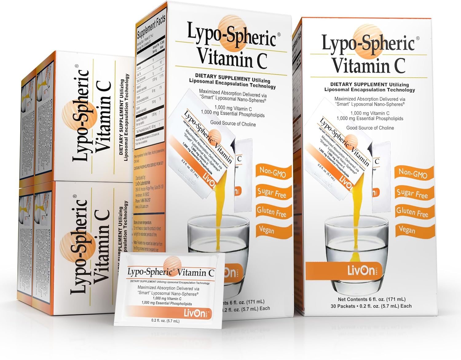 LivOn Laboratories Lypo–Spheric Vitamin C – 6 Cartons (180 Packets) – 1,000 mg Vitamin C & 1,000 mg Essential Phospholipids Per Packet – Liposome Encapsulated for Improved Absorption – 100% Non–GMO