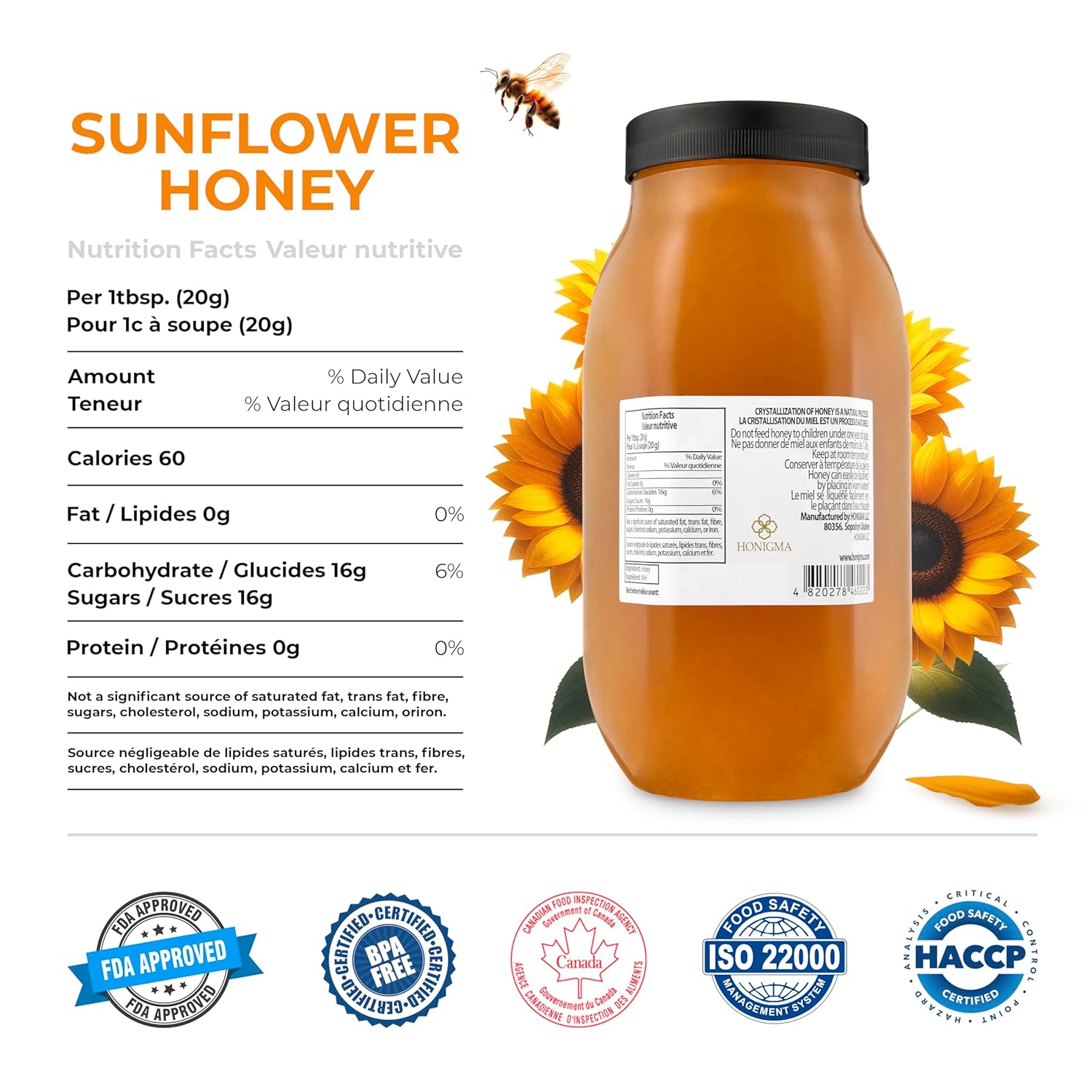 HONIGMA® Marma Sunflower Honey | Authentic Raw Honey from Ukraine | 100% Pure, Unpasteurized & Fully Crystallized | 1000g/35.2oz | Naturally Solid Texture | Pack of 2