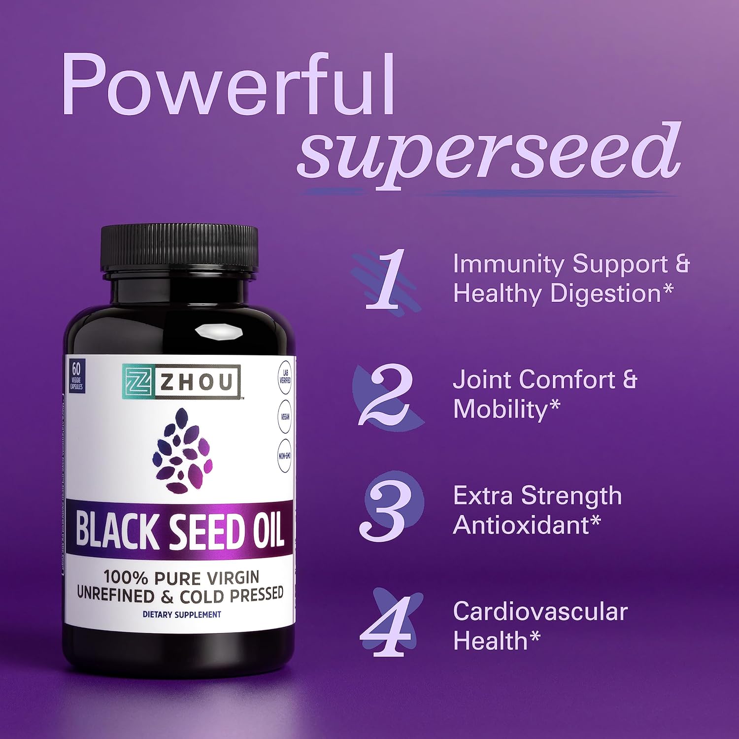 Zhou Black Seed Oil Capsules - Black Cumin Seed Oil Cold Pressed, Nigella Sativa, Pure Unrefined Blackseed, Premium Supplement for Health, Hair & Skin w/ Thymoquinone - 60 Capsules (Pack of 1)