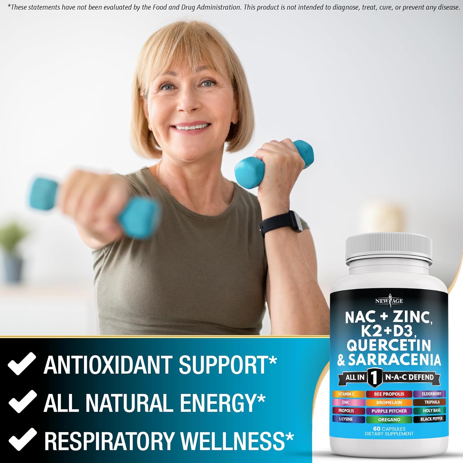 NEW AGE NAC Supplement N-Acetyl Cysteine- with Vitamin D3, K2, Zinc, Quercetin, Triphala, Sarracenia Purpurea, Elderberry, Holy Basil, Bee Propolis, Bromelain, L-Lysine - 180 Count