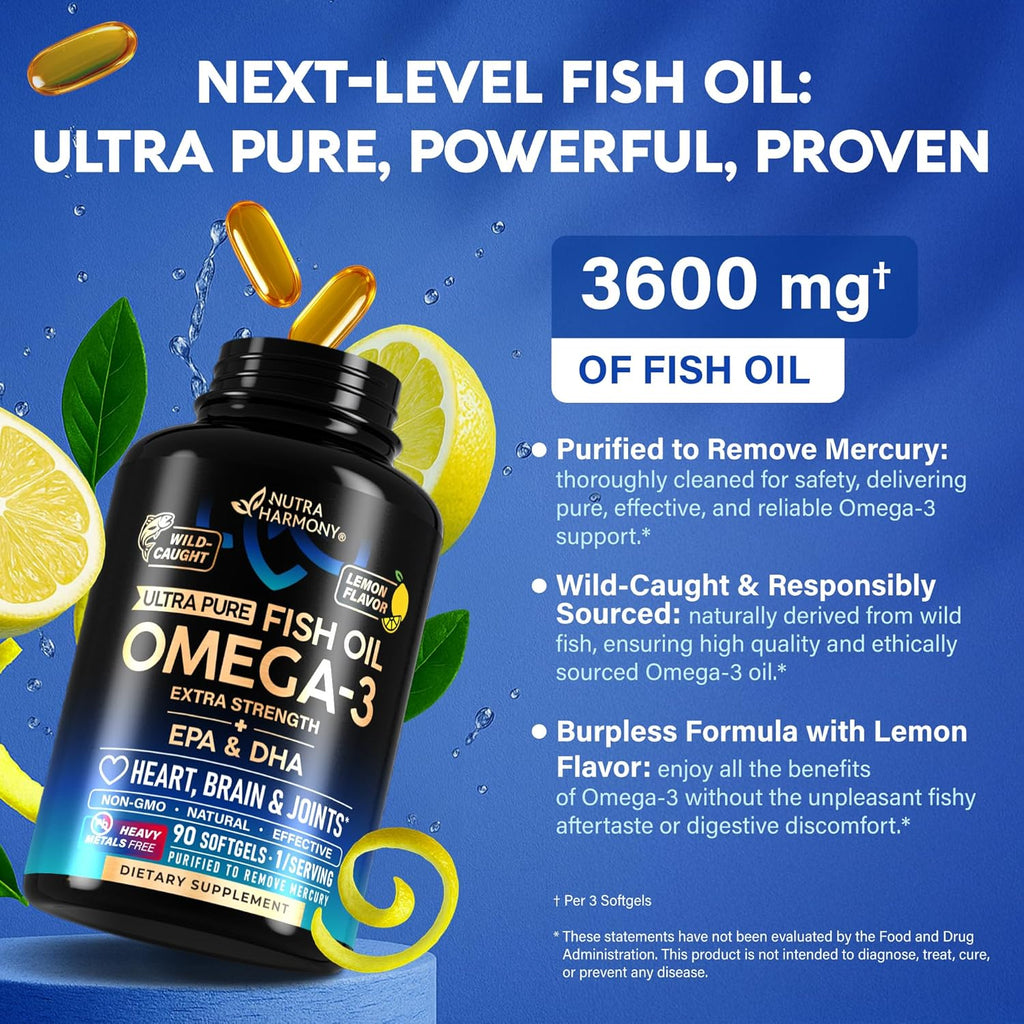 Omega 3 Fish Oil 3600 mg - Omega 3 Supplement | EPA & DHA - Heavy Metals Free - Heart, Brain & Joint Support - Purified Fish Oil for Men & Women - Burpless, Lemon Flavored - Made in USA, 120 Softgels