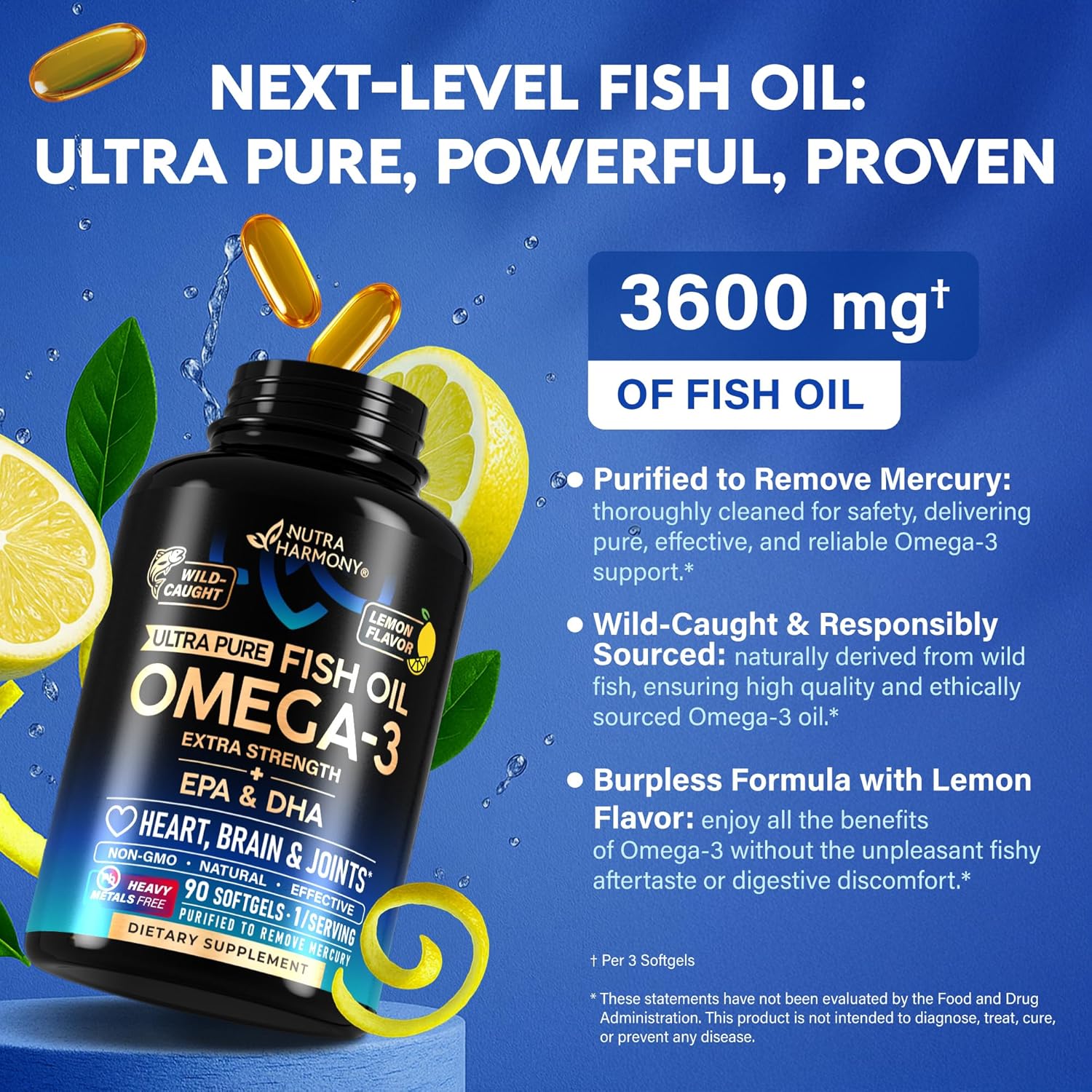 Omega 3 Fish Oil 3600 mg - Omega 3 Supplement | EPA & DHA - Heavy Metals Free - Heart, Brain & Joint Support - Purified Fish Oil for Men & Women - Burpless, Lemon Flavored - Made in USA, 120 Softgels