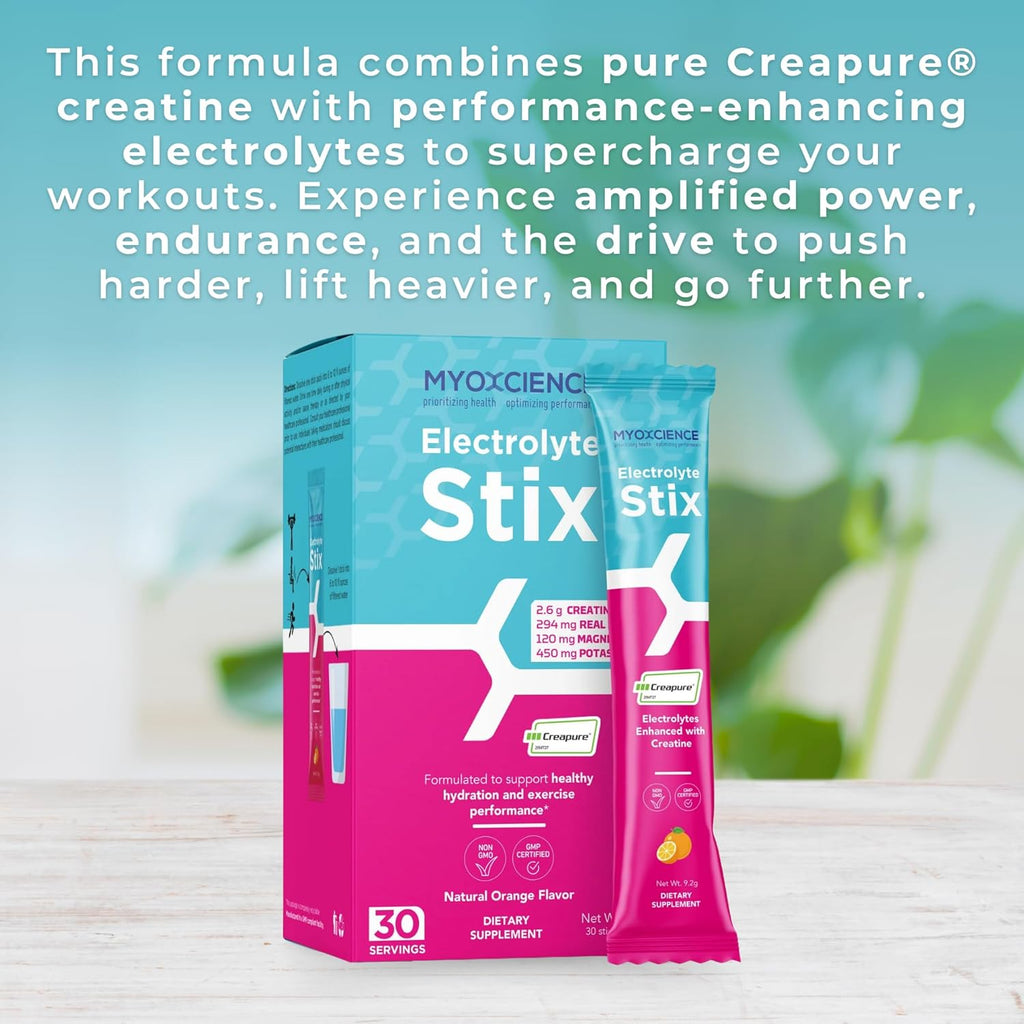 MYOXCIENCE Electrolyte STIX | Creatine Electrolyte Powder | Recovery from Exercise & Muscle Development w/Real Salt (Natural Orange Flavor) (Stix 30 ct)