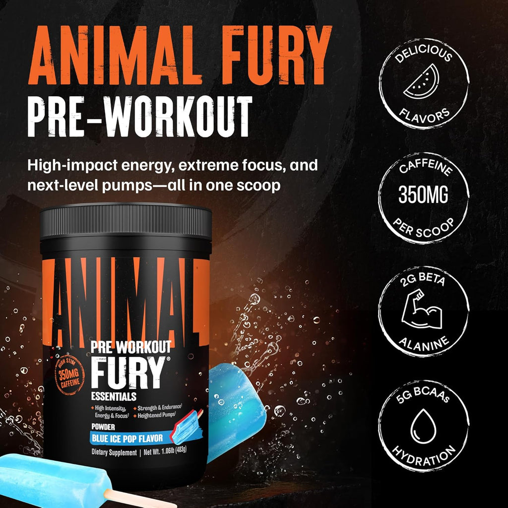 Animal Fury Pre Workout Powder – Blue Ice Pop, 350mg Caffeine, BCAA Amino Acids, 2g Beta Alanine, Citrulline & Tyrosine, Energy, Focus, Strength, Endurance, Preworkout for Men & Women, 30 Servings