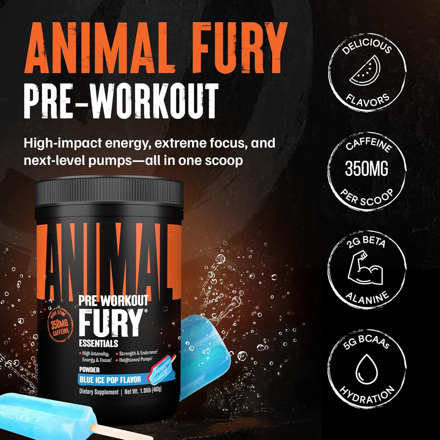 Animal Fury Pre Workout Powder – Blue Ice Pop, 350mg Caffeine, BCAA Amino Acids, 2g Beta Alanine, Citrulline & Tyrosine, Energy, Focus, Strength, Endurance, Preworkout for Men & Women, 30 Servings