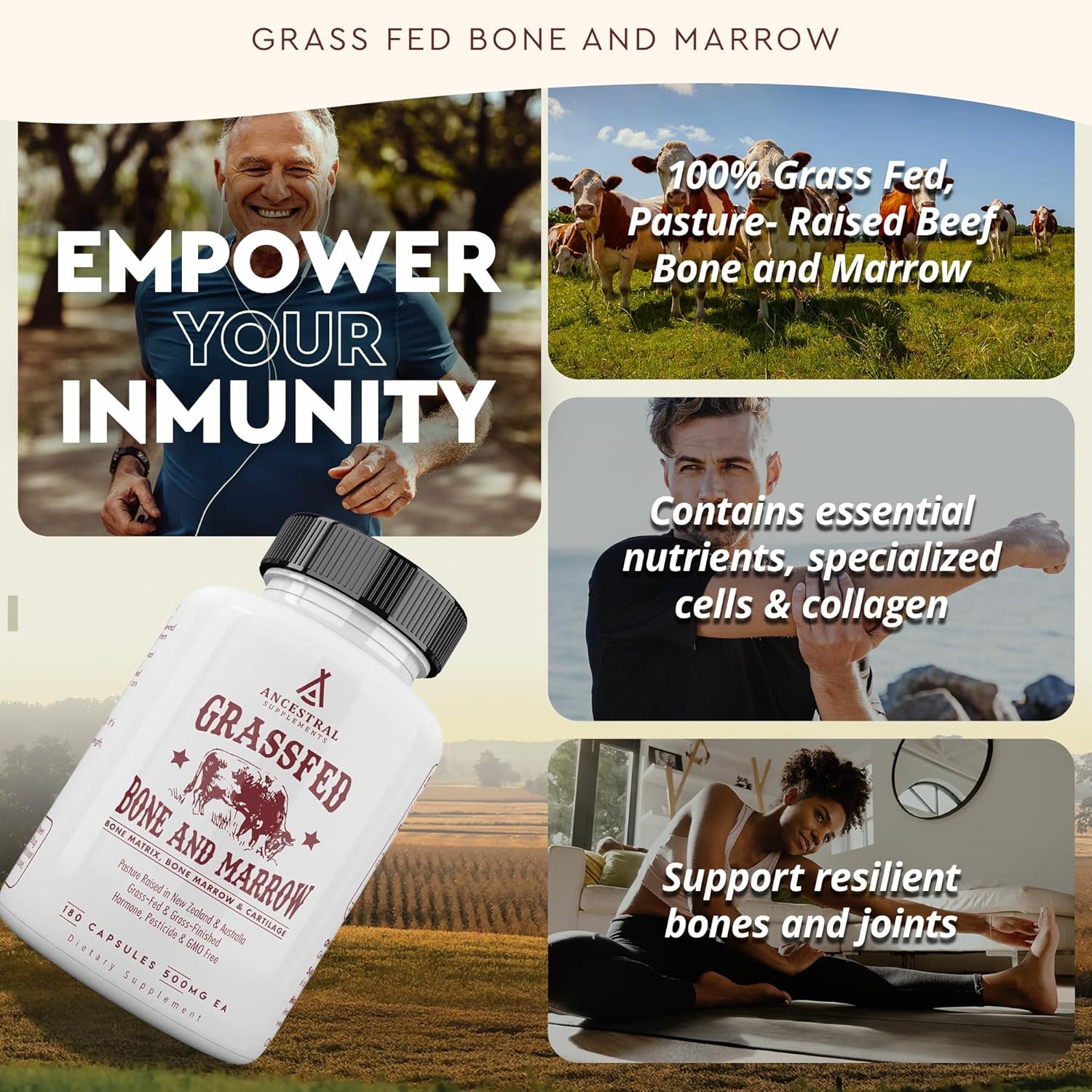 Ancestral Supplements Grass Fed Beef Bone and Marrow Supplement, 3000mg, Skin, Oral Health, and Joint Support Supplement, Promotes Whole-Body Wellness, Non GMO Whole Bone Extract, 180 Capsules