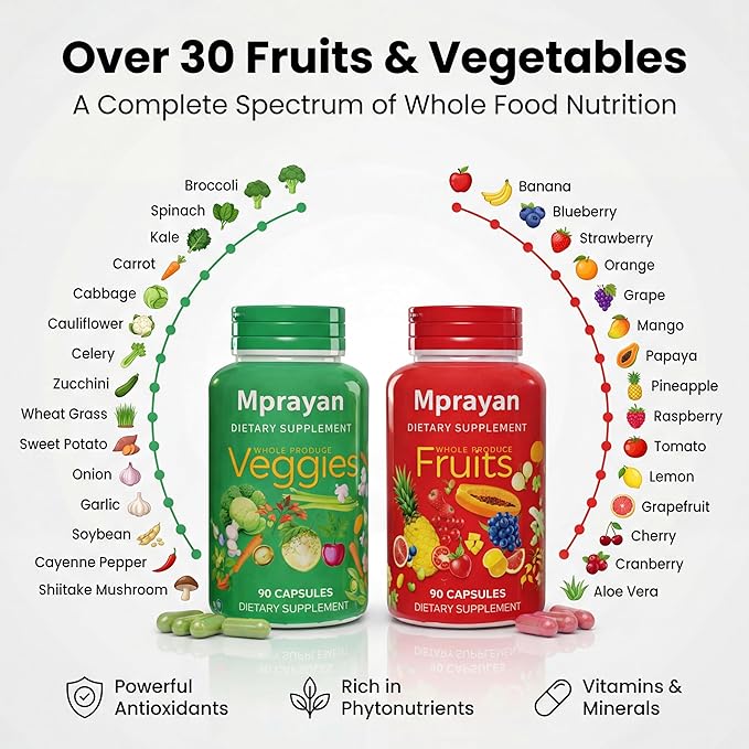 Fruits & Veggies Supplements - Whole Food Blended Vitamin & Mineral - 90 Fruit + 90 Vegetable Capsules - Daily Nutrition for Men & Women - 2 Pack